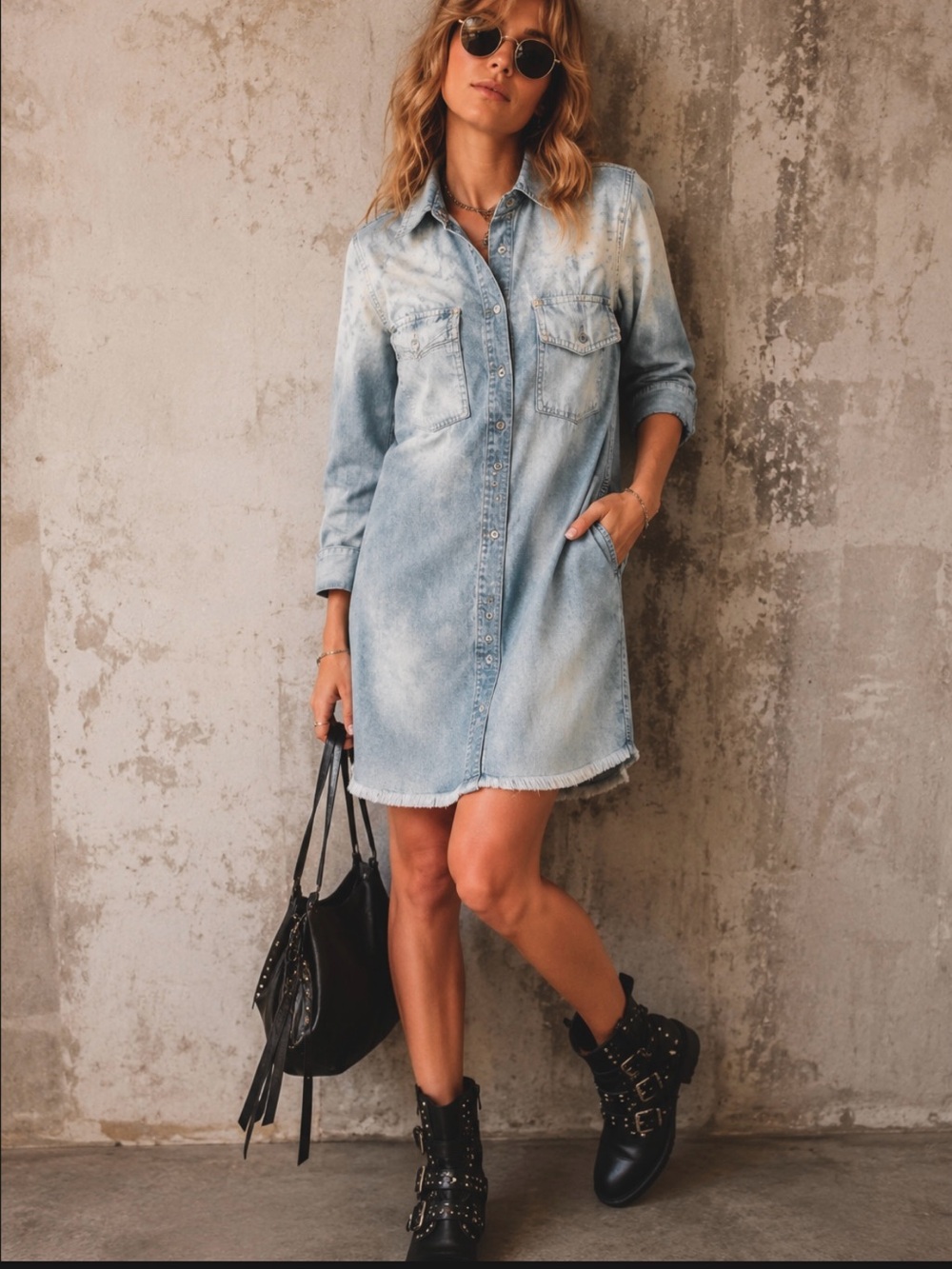 7 For All Mankind Denim Shirtdress XS Light Blue Acid Wash Raw Hem Western